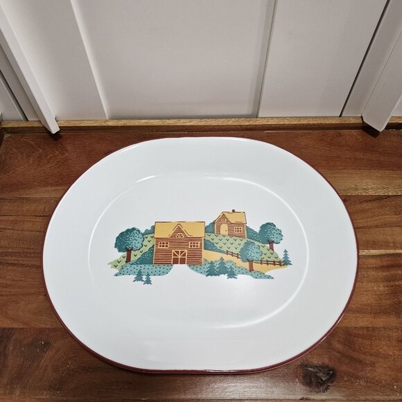 Corelle Corning Landscape Oval Serving Platter 12" red rim logcabin trees feilds - Picture 2 of 10